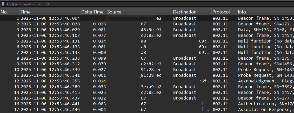 Wireshark packet capture in Linux monitor mode showing 802.11 Layer 2 frames with anonymized MAC addresses