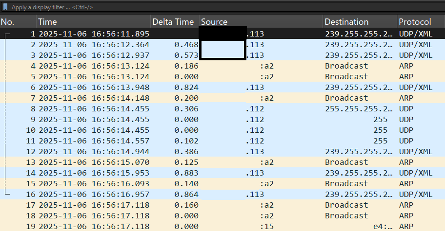Wireshark packet capture in Linux monitor mode showing broadcast, multicast, and ARP traffic with anonymized MAC addresse