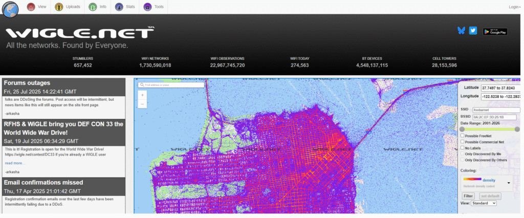 Screenshot of the WiGLE.net home page showing Wi-Fi network mapping and search functionality.