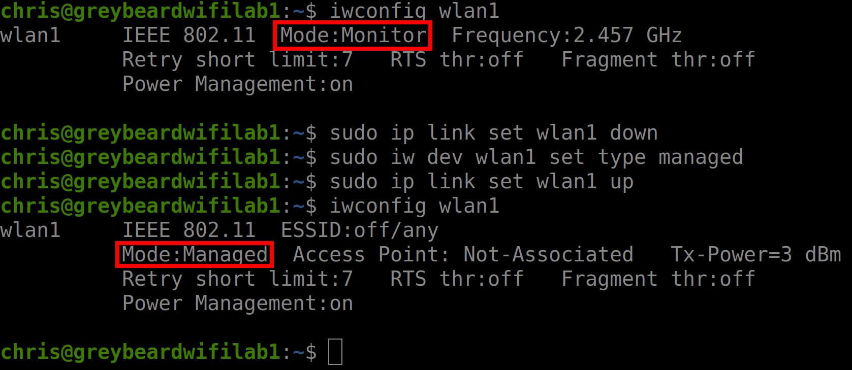 Terminal showing Linux iw commands used to return a wireless interface from monitor mode to managed mode