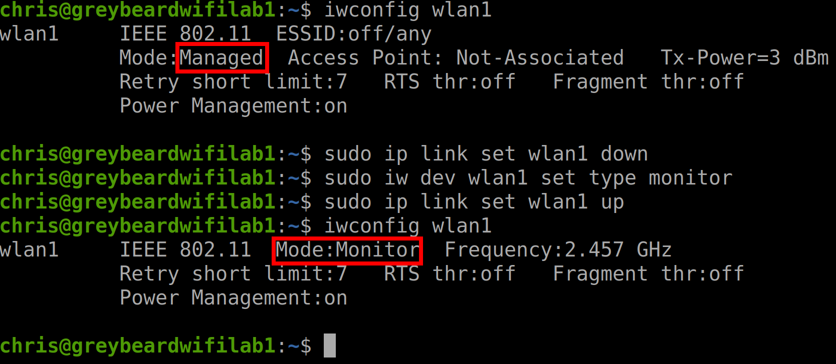 Terminal showing Linux commands using the iw utility to set a wireless interface to monitor mode