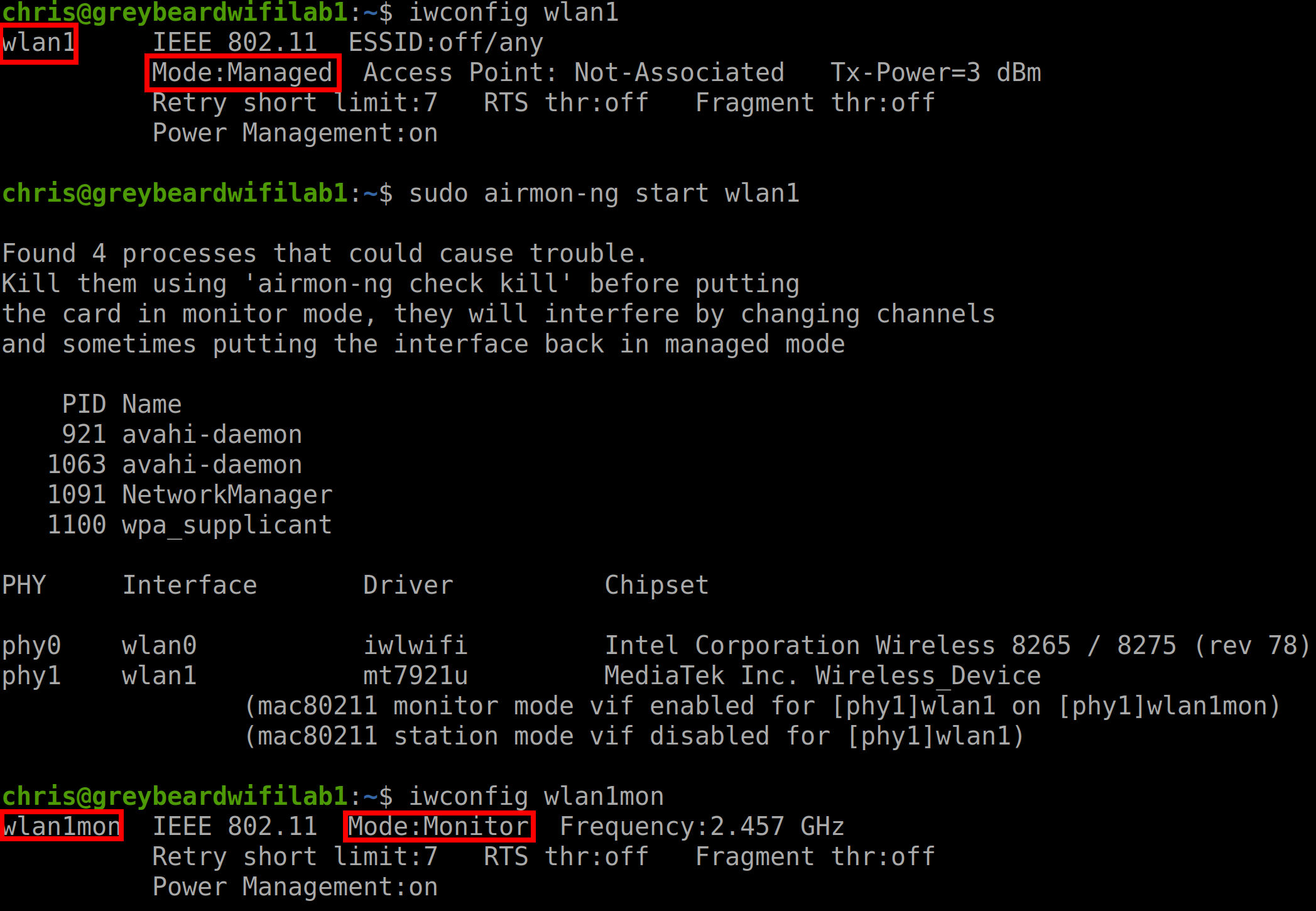 Terminal showing Linux commands using airmon-ng to set a wireless interface (wlan1) into monitor mode