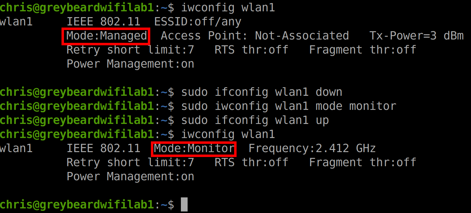 Terminal showing iwconfig commands enabling monitor mode on a Debian-based Linux Wi-Fi interface
